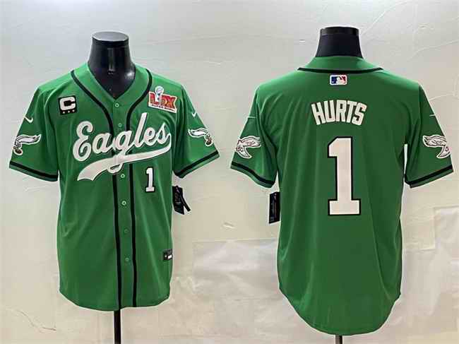 Men's Philadelphia Eagles #1 Jalen Hurts Green 2025 Super Bowl LIX And 3-Star C Patch Stitched Baseball Jersey